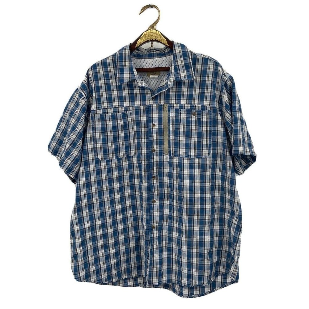 Haband Travelers Button Up Shirt Mens XL Blue  Short Sleeve Plaid Casuals. 
